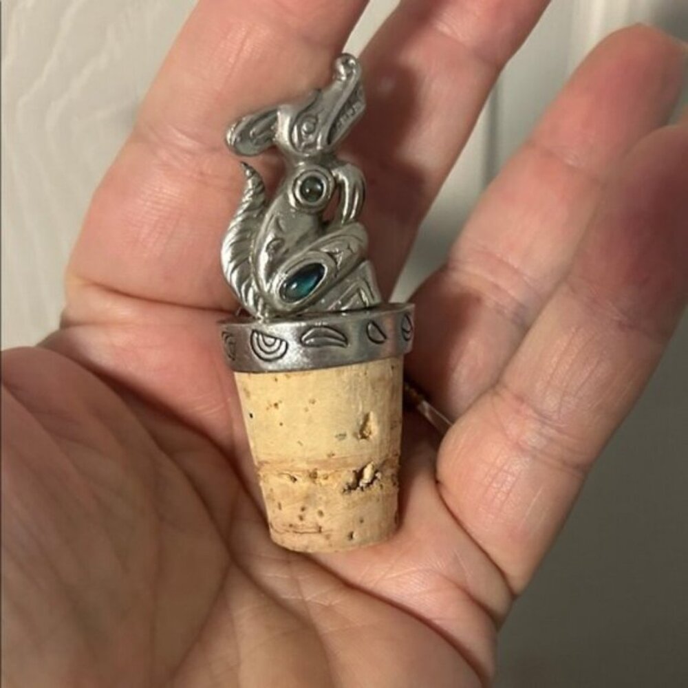 Vintage First Nations Boma Canada Dog Pewter Bottle Cork with Abalone Shell 1980